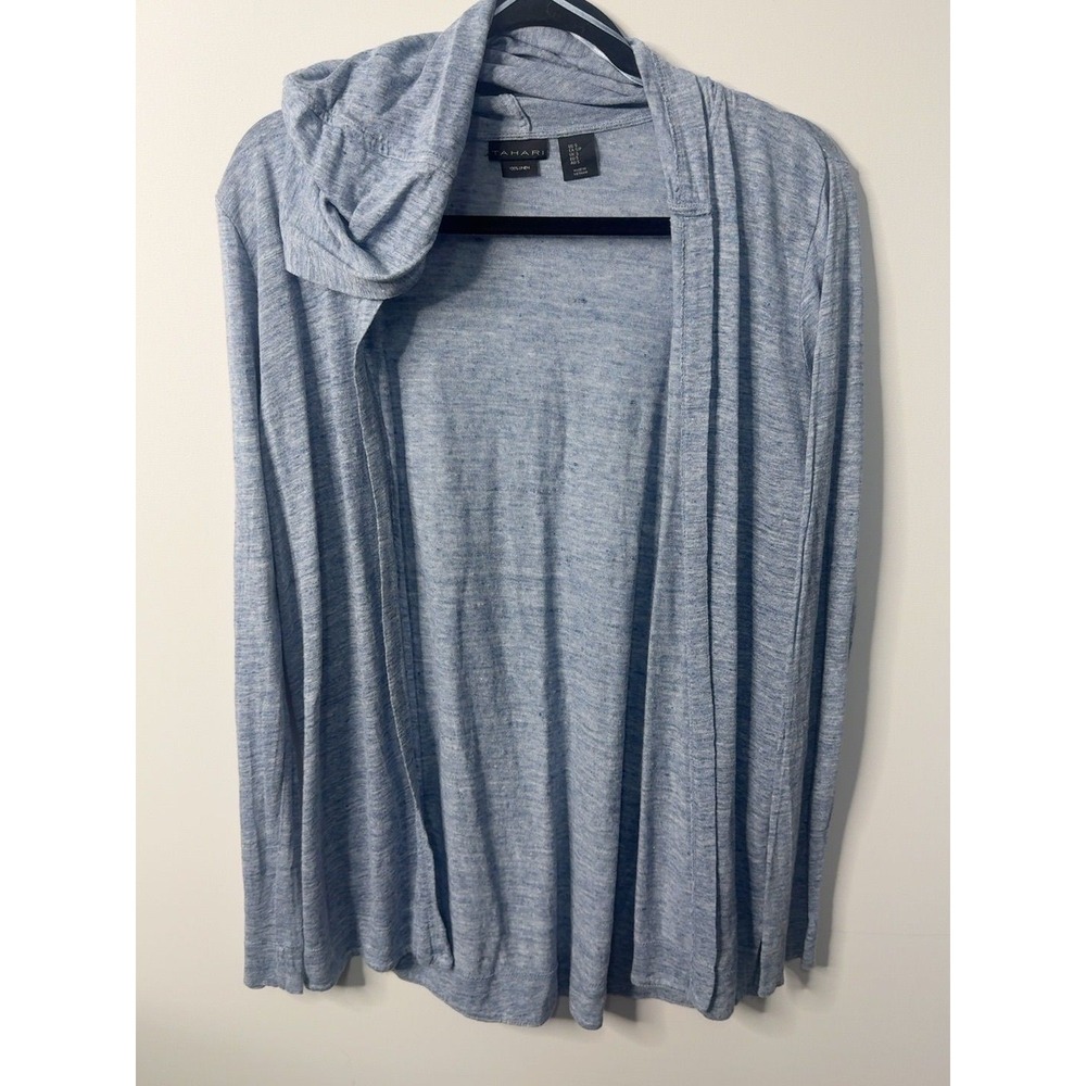 Tahari blue-gray 100% linen open-front hooded cardigan Small